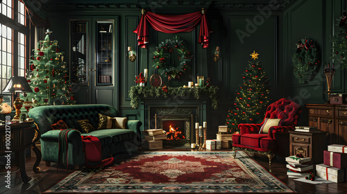 Beautiful bright Christmas interior in black and red colors. Neural network AI generated art