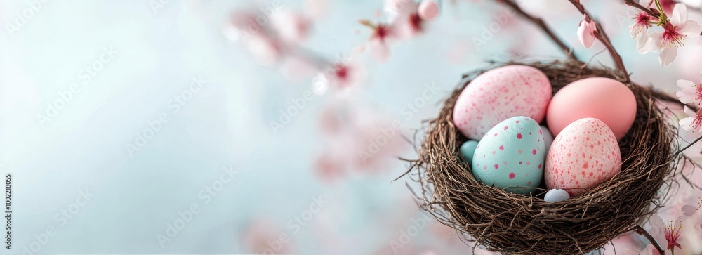 A beautiful nest with pastel-colored eggs surrounded by blooming flowers in spring A beautiful nest with pastel-colored eggs surrounded by blooming flowers in spring