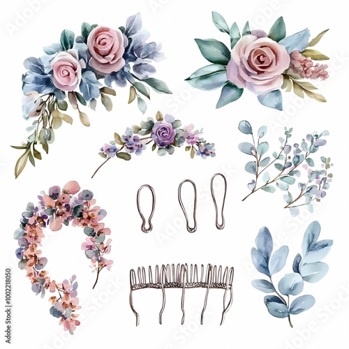 Fototapeta Naklejka Na Ścianę i Meble -  Bridal Hair Accessories clipart in watercolor style, isolated on a clean white background