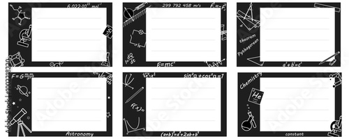 Set of black and white notebook name stickers with different science elements. Vector illustration for school supplies. photo