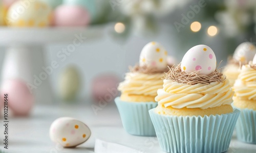 Easter-themed cupcakes decorated with colorful eggs and nests on a festive ta...