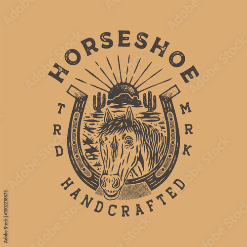 horse illustration horseshoe graphic  desert design sunshine badge western vintage cowboy