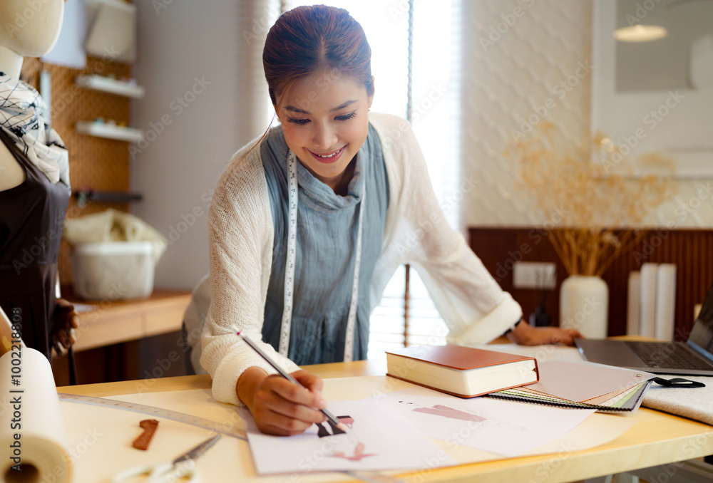 Fashion seamstress woman drawing fashion clothes on paper and working with textile garment pattern.. Fashion seamstress woman drawing fashion clothes on paper and working with textile garment pattern..
