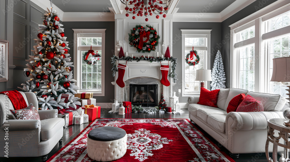 Beautiful bright Christmas interior in black and red colors. Neural network AI generated art Beautiful bright Christmas interior in black and red colors. Neural network AI generated art