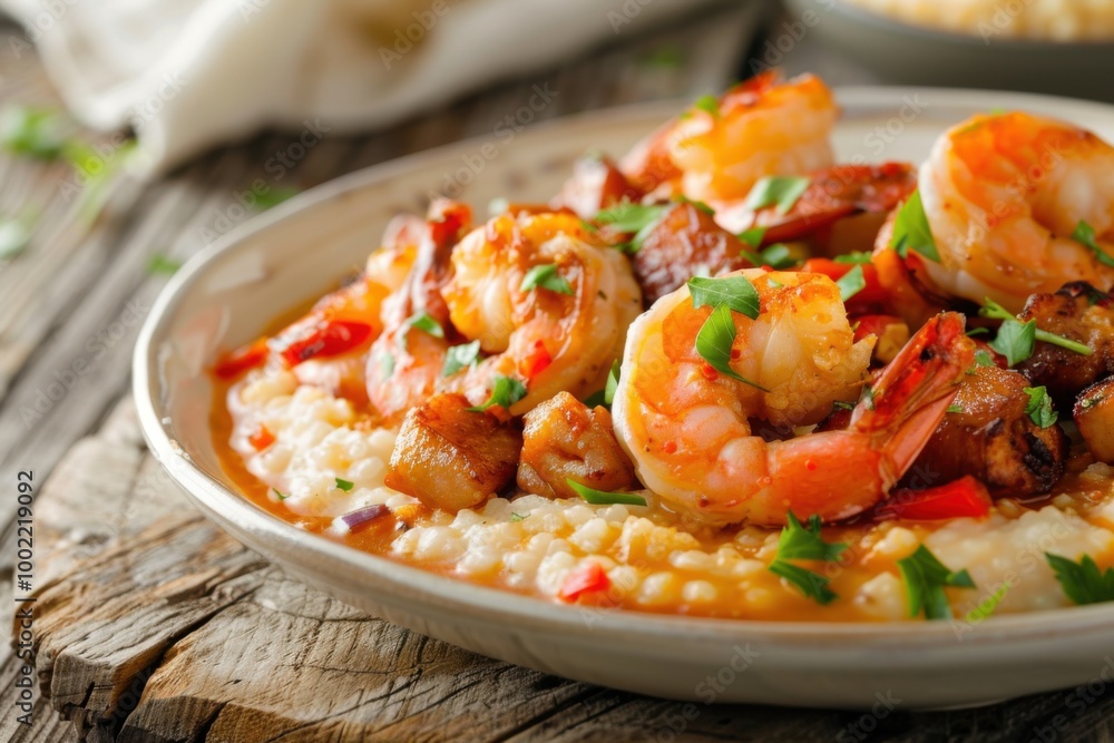 A plate of creamy shrimp and grits with a rich, savory sauce, served on a rustic wooden table. Copy space A plate of creamy shrimp and grits with a rich, savory sauce, served on a rustic wooden table. Copy space