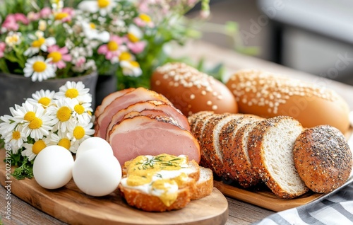 Breakfast spread featuring sliced meat, fresh bread, and eggs at a cozy kitch...