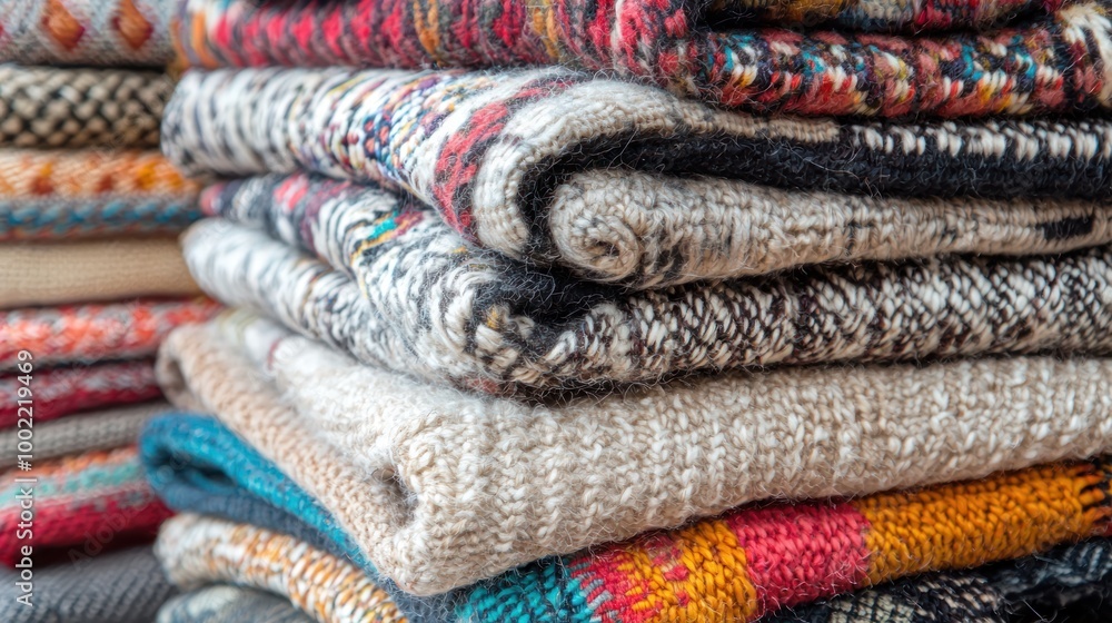 A stack of woven blankets in various colors and patterns, ready for use on a chilly day. A stack of woven blankets in various colors and patterns, ready for use on a chilly day.