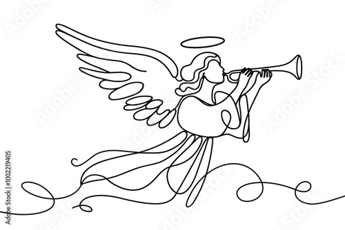Vector linear image on white background, one line. Angel blowing a trumpet. angel with a trumpet in his hands