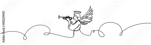 Vector linear image on white background, one line. Angel blowing a trumpet. angel with a trumpet in his hands