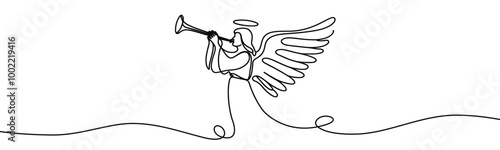 Vector linear image on white background, one line. Angel blowing a trumpet. angel with a trumpet in his hands