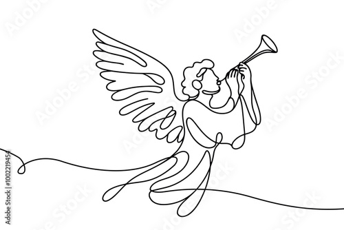 Vector linear image on white background, one line. Angel blowing a trumpet. angel with a trumpet in his hands