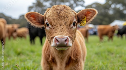 Adorable Calf with Ear Tag in Green Pasture on a Farm