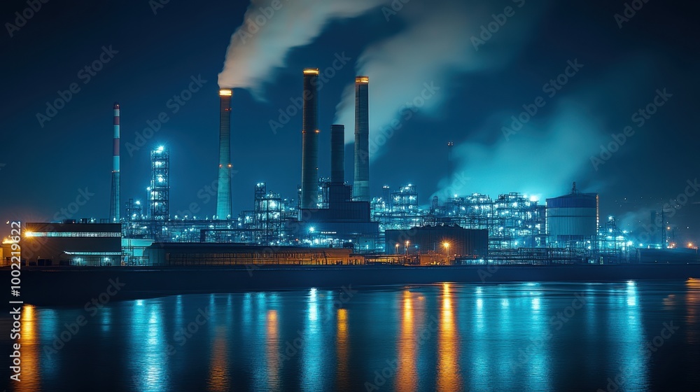 Industrial power plant at night with bright lights illuminating smokestacks and cooling towers, symbolizing energy production. Industrial power plant at night with bright lights illuminating smokestacks and cooling towers, symbolizing energy production.
