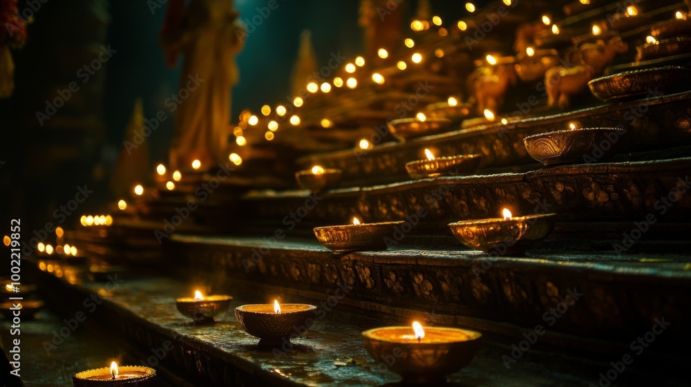 Illuminated Offerings on a Stone Structure in a Dark Temple Illuminated Offerings on a Stone Structure in a Dark Temple