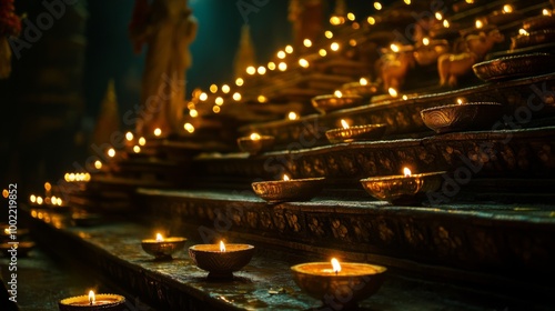 Illuminated Offerings on a Stone Structure in a Dark Temple