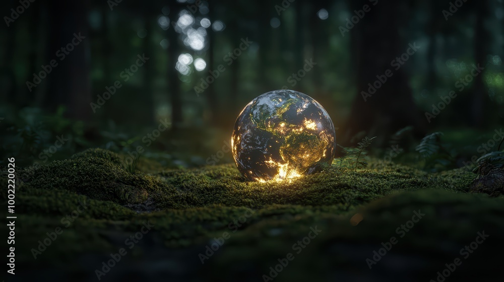 Ethereal Glow: 3D Earth Sphere with Emergent Plant Life in Moss Terrain Ethereal Glow: 3D Earth Sphere with Emergent Plant Life in Moss Terrain