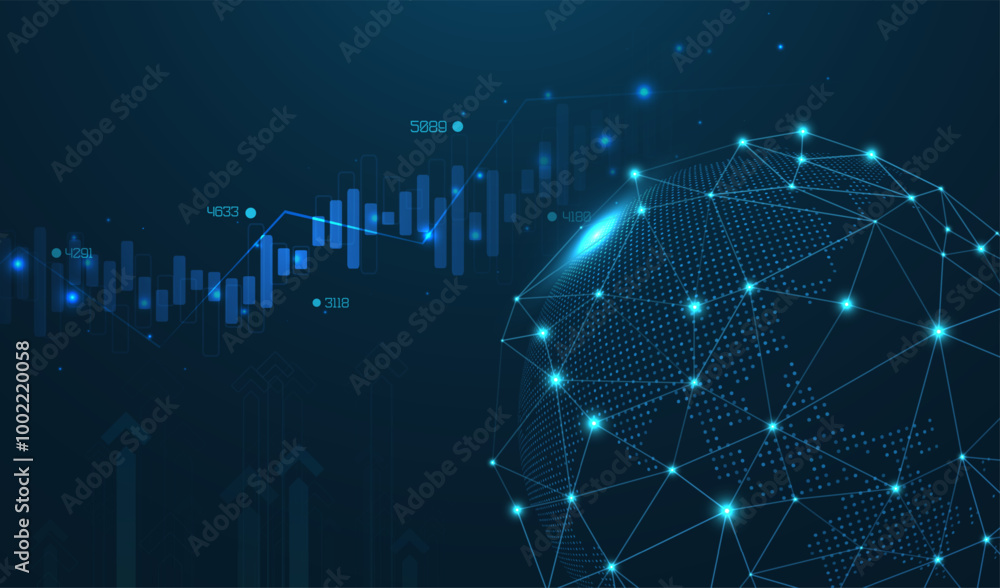 Obraz premium Abstract infographic visualization. Financial chart with uptrend line graphs and candlesticks. Futuristic network or business analytics. Graphic concept for your design.