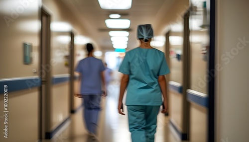 Nurses and patients navigating a busy hospital corridor with a focused septic nurse walking towards them in a blurred background