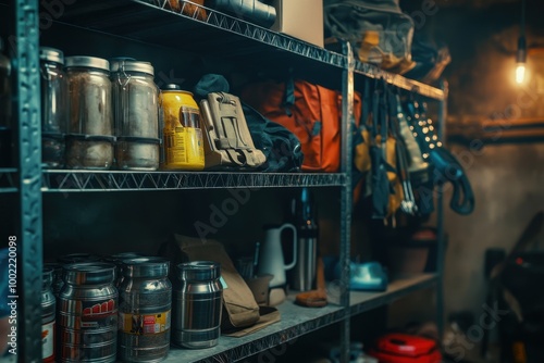 doomsday prepper shelves stocked with canned goods, water, and emergency supplies