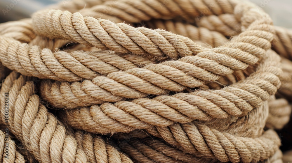 A coil of woven rope used in sailing, with knots and loops ready for use. A coil of woven rope used in sailing, with knots and loops ready for use.