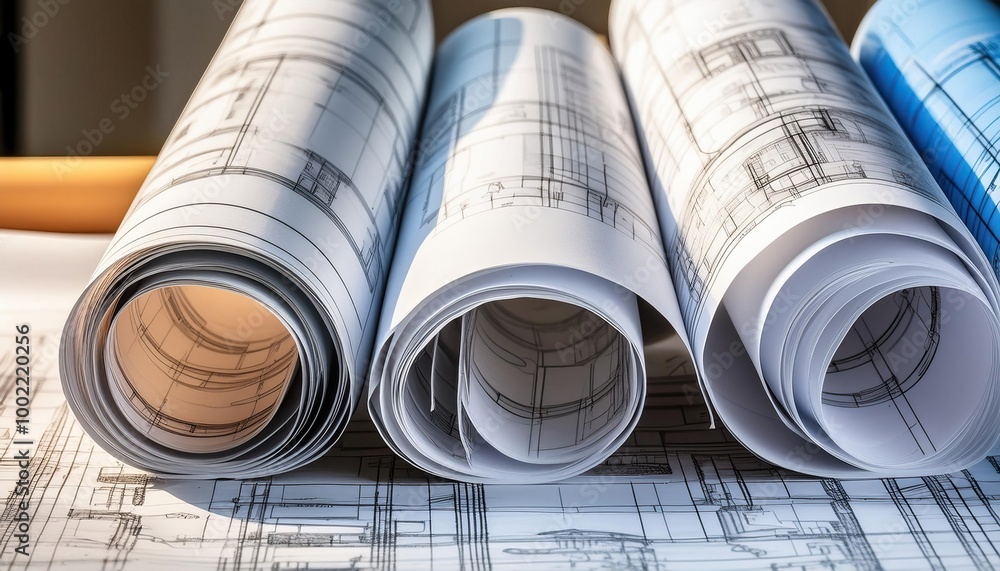 Assortment of rolled and unfolded architectural blueprints on a desk, conceptually highlighting planning and design Assortment of rolled and unfolded architectural blueprints on a desk, conceptually highlighting planning and design