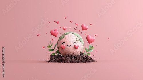 Fototapeta Naklejka Na Ścianę i Meble -  Earth Day Love - Friendly Earth Character Surrounded by Hearts and Plants on Brown Background