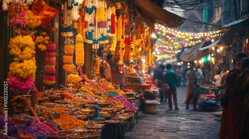 Colorful Flower Garlands and Spices Sold in an Indian Market photo