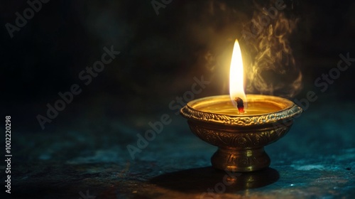 A Single Candle Flame in a Brass Oil Lamp, with Smoke Rising