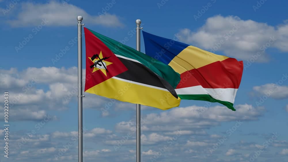Seychelles and Mozambique flags flying together, video concept of the relationship, two country relations concept Seychelles and Mozambique flags flying together, video concept of the relationship, two country relations concept