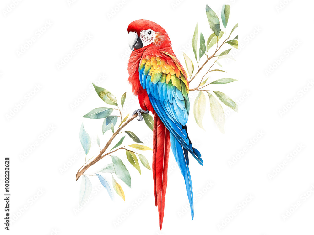 Obraz premium Vibrant Scarlet Macaw Watercolor Painting: A captivating portrayal of a scarlet macaw perched gracefully on a branch, its vibrant plumage and intricate details rendered in watercolor.