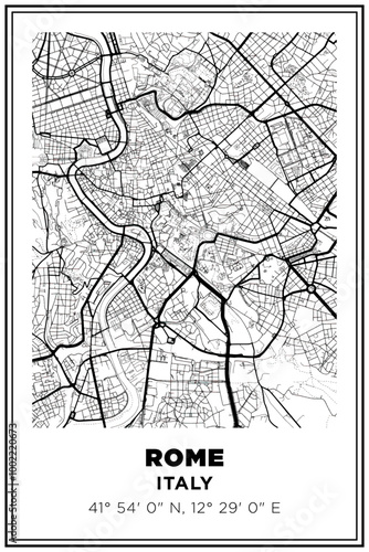 Black and white printable Street map art rome city, Italy. Travel poster with coordinates, poster design, Modern Poster Wall Art Home Decor Ready to Printable