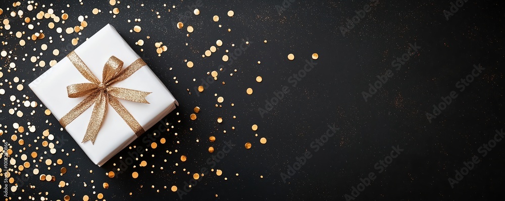 Elegant white gift box with a golden ribbon on a dark background, surrounded by gold confetti, creating a festive and celebratory atmosphere. Elegant white gift box with a golden ribbon on a dark background, surrounded by gold confetti, creating a festive and celebratory atmosphere.