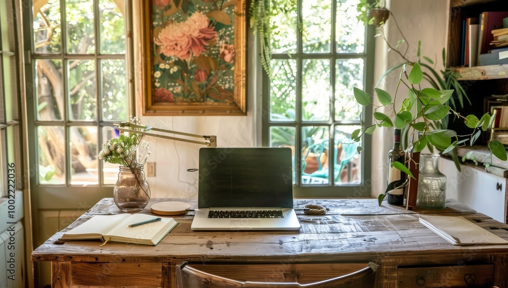 Rustic wooden desk with an open laptop, notepad, and pen on it. cozy workspace featuring a wooden desk, laptop, stationery, and plants, creating a serene and productive environment Rustic wooden desk with an open laptop, notepad, and pen on it. cozy workspace featuring a wooden desk, laptop, stationery, and plants, creating a serene and productive environment
