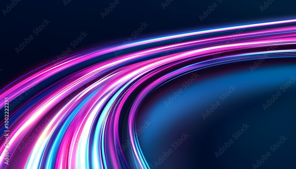 Neon light streaks in vibrant pink and blue curving gracefully on a dark background, representing speed and digital flow, futuristic energy Neon light streaks in vibrant pink and blue curving gracefully on a dark background, representing speed and digital flow, futuristic energy