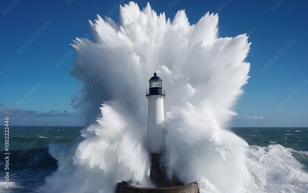 Ocean waves crashing against a lighthouse, the immense force of the water spraying into the air Ocean waves crashing against a lighthouse, the immense force of the water spraying into the air