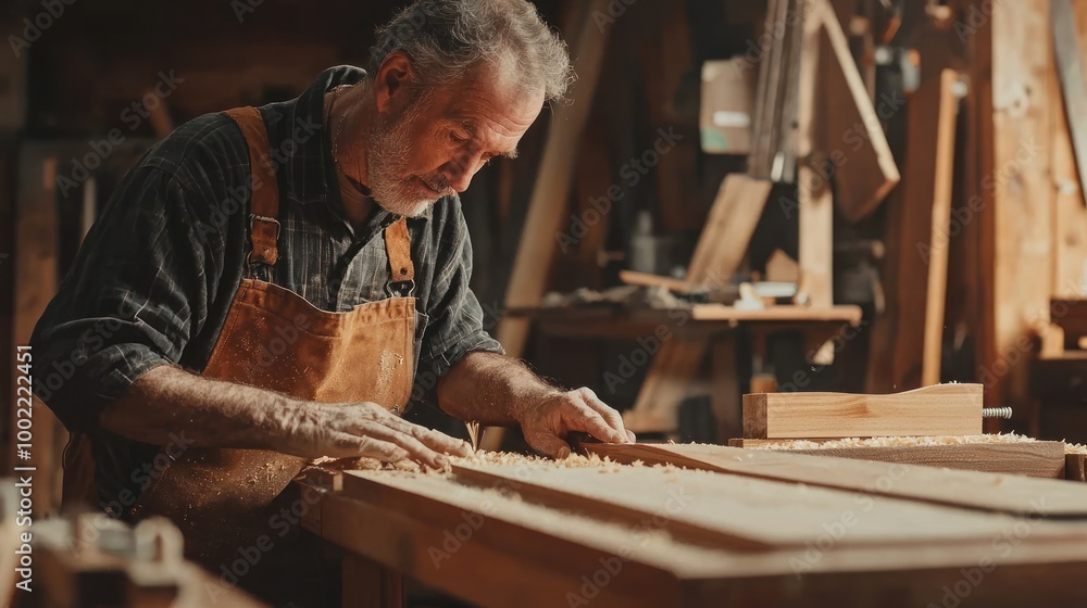 A man working on a woodworking project, such as building a piece of furniture or a wooden structure. A man working on a woodworking project, such as building a piece of furniture or a wooden structure.