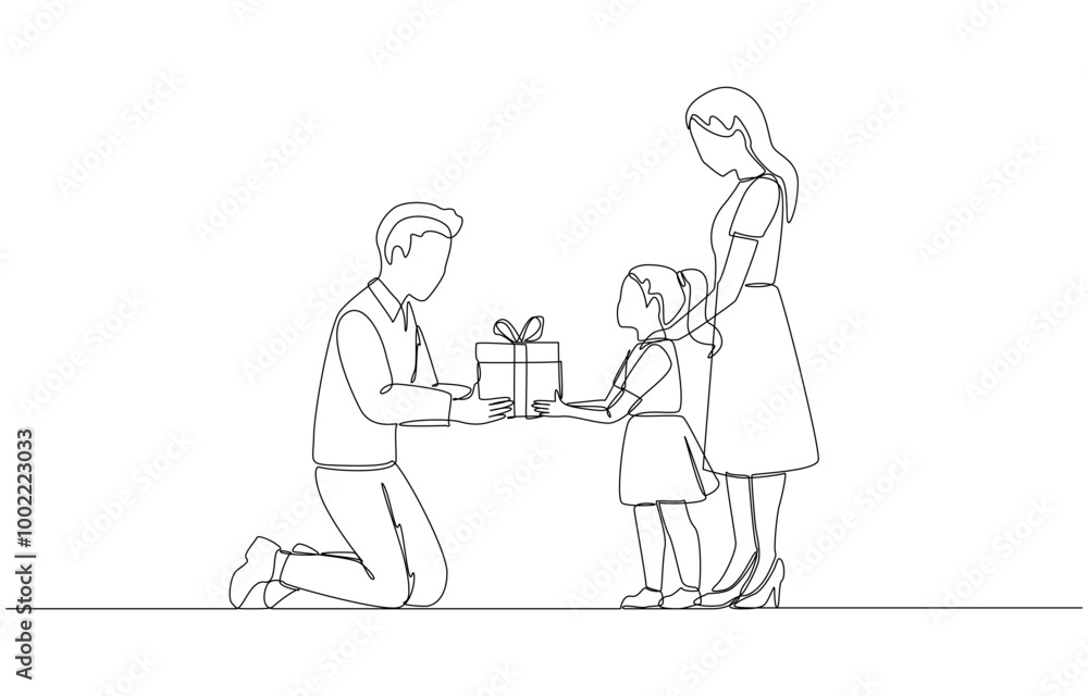 Continuous one line drawing of father and mother giving present to daughter, children's birthday concept, single line art. Continuous one line drawing of father and mother giving present to daughter, children's birthday concept, single line art.