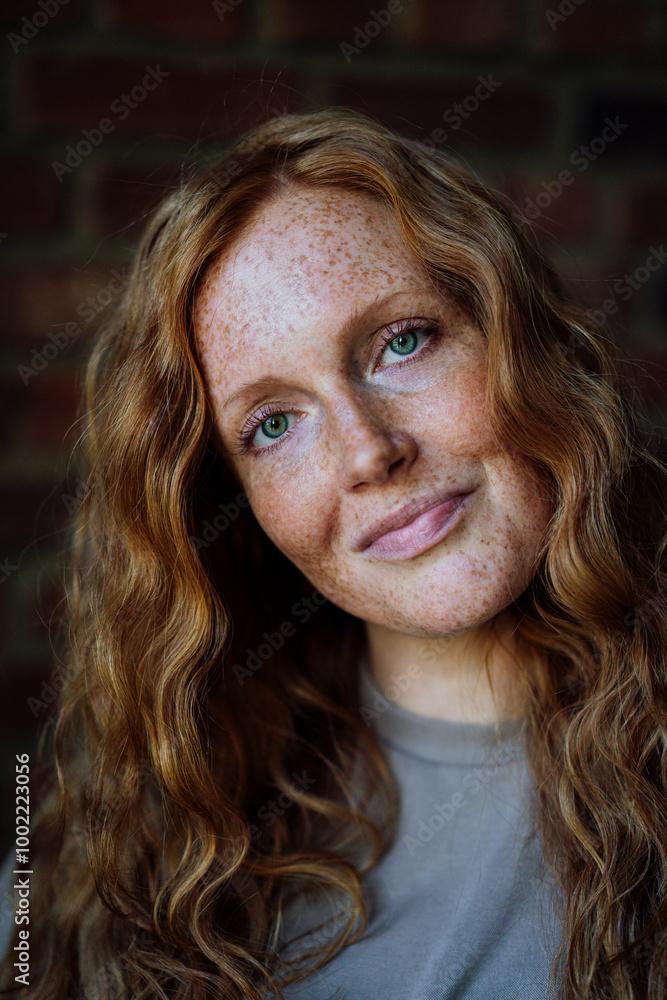 Smiling redhead woman with head cocked Smiling redhead woman with head cocked