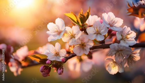Beautiful cherry tree with tender flowers. Amazing spring blossom 