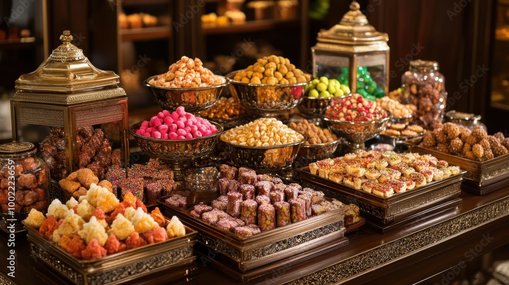 Luxurious containers filled with festival sweets from different countries, creating a rich and festive display. Luxurious containers filled with festival sweets from different countries, creating a rich and festive display.