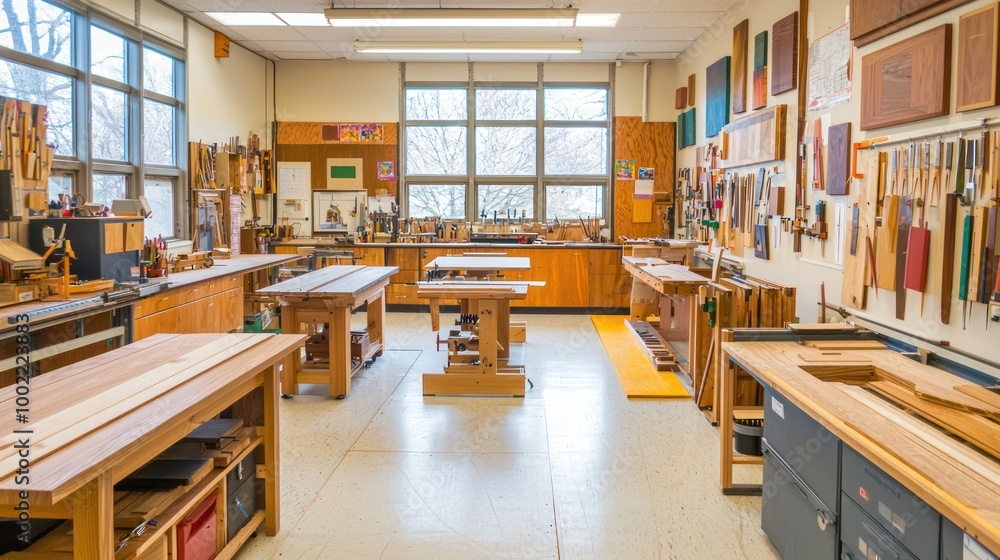 A woodworking classroom with various student projects on display, showcasing creativity and learning. A woodworking classroom with various student projects on display, showcasing creativity and learning.