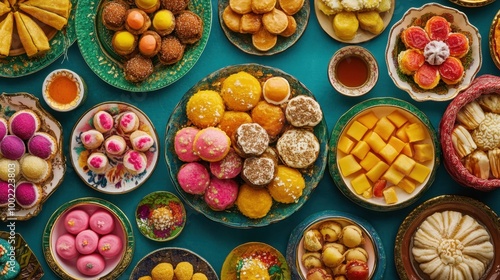 Luxurious bowls and plates filled with festival sweets from different cultures, creating a colorful and festive scene.