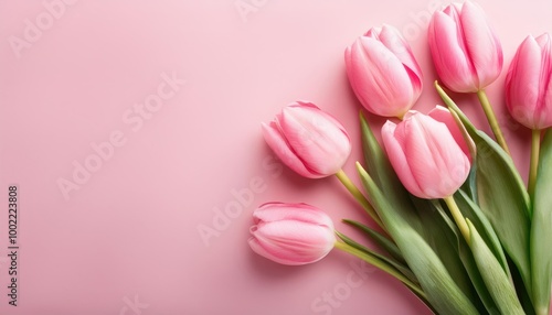 Beautiful composition spring flowers. Bouquet of pink tulips flowers on pastel pink background