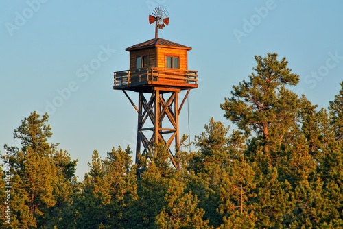 Fire Lookout Tower in Montana Forest. Tower Against Blue Sky with Nature Background photo