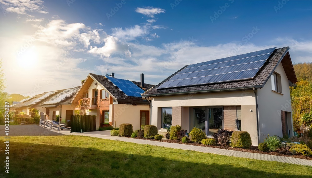Beautiful houses with solar panels on the roof Beautiful houses with solar panels on the roof