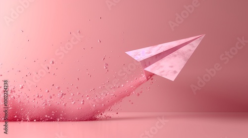 Pink paper airplane flying with scattering particles