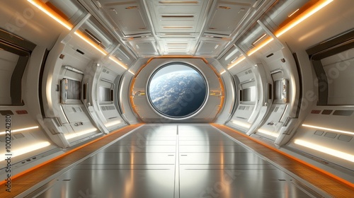Fototapeta Naklejka Na Ścianę i Meble -  A futuristic spacecraft interior with a view of Earth through a large circular window.