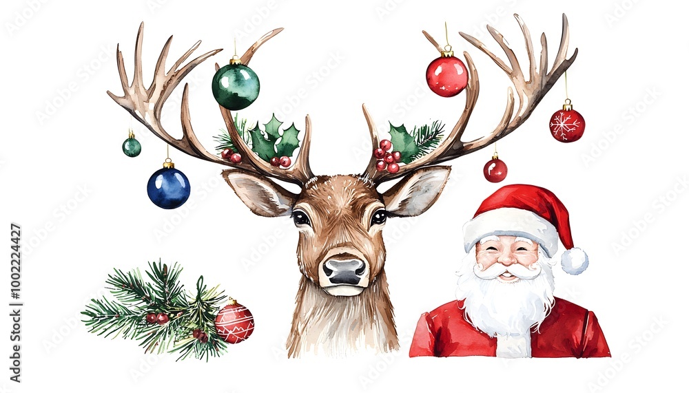 Fototapeta premium Reindeer headshot with antlers decorated in holiday ornaments, Santa Claus smiling next to it, joyful holiday moment