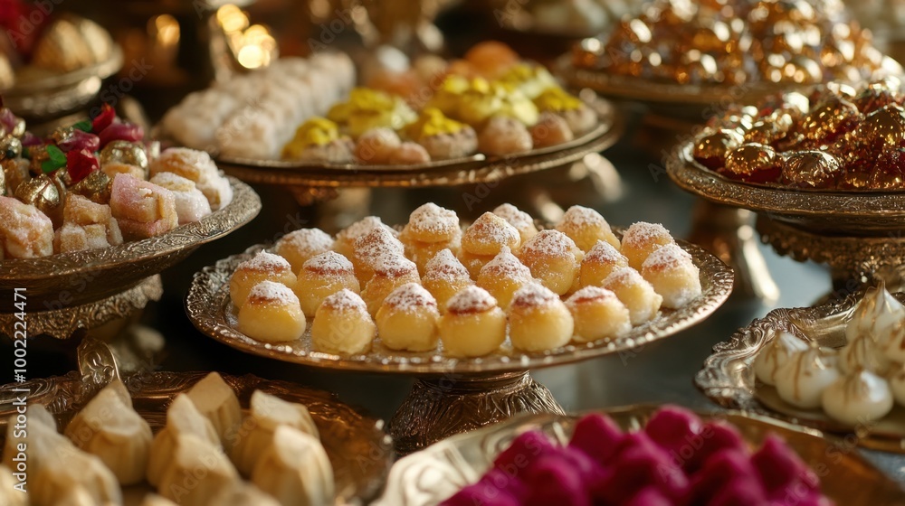 Luxurious presentation of festival sweets from around the world, displayed in beautiful, ornate dishes. Luxurious presentation of festival sweets from around the world, displayed in beautiful, ornate dishes.