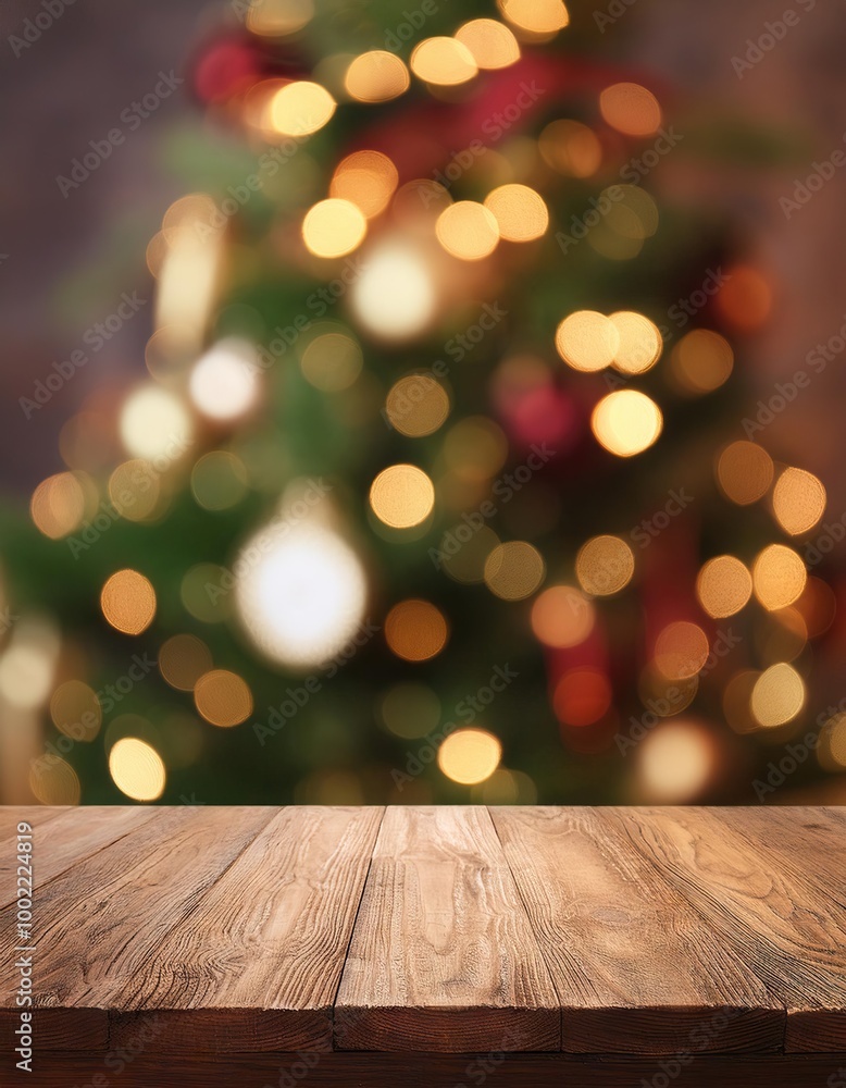 Empty wooden table over defocused christmas background with copy space Empty wooden table over defocused christmas background with copy space